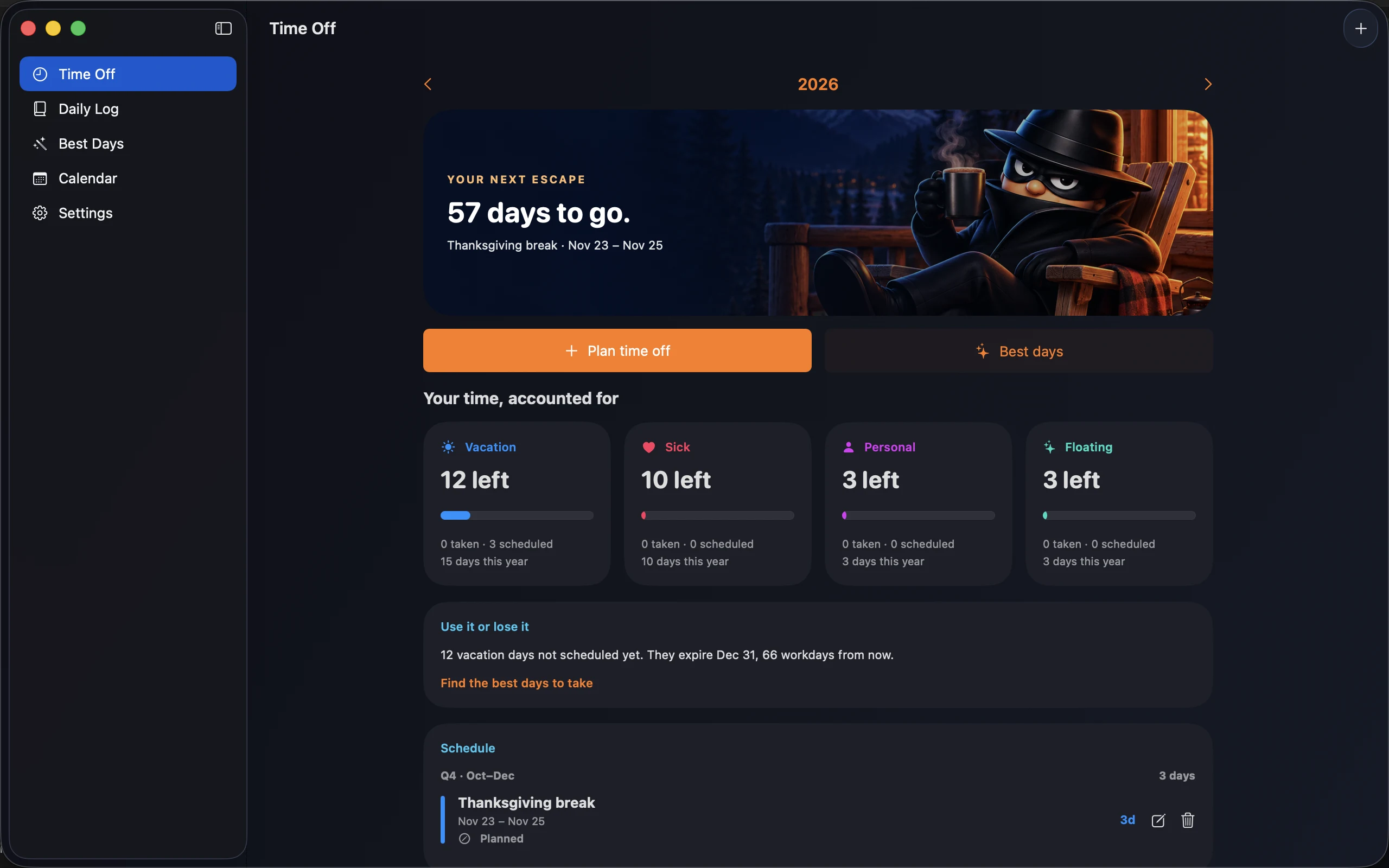 Time Off Bandit desktop app showing vacation balances and an upcoming break